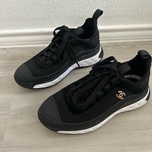 Chanel CC Logo Black Velvet Calfskin Mixed Fibers Sneakers 37 - NO BOX